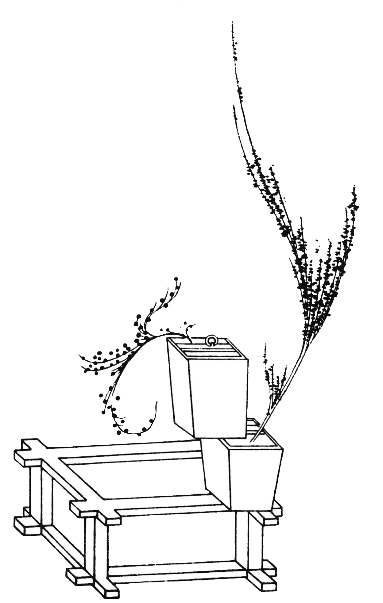 illustration of ikebana in wooden well buckets likely Shotei's arrangement 